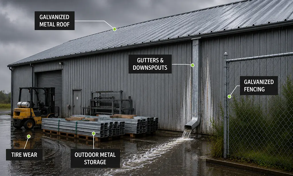 Common sources of zinc in industrial stormwater including galvanized roofs, gutters, fencing, tire wear and outdoor metal storage.
